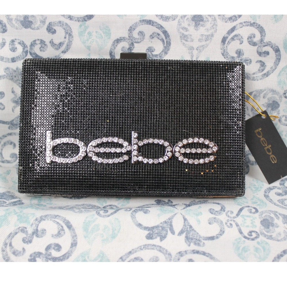 Bebe Paris Raven Rhinestone and Sparkly Logo evening clutch